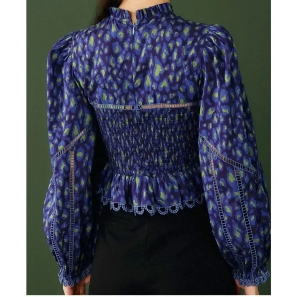 Farm Rio Blue Green Leopard Print Smocked Peplum Top Lace Guipure Cotton Large - Picture 2 of 14